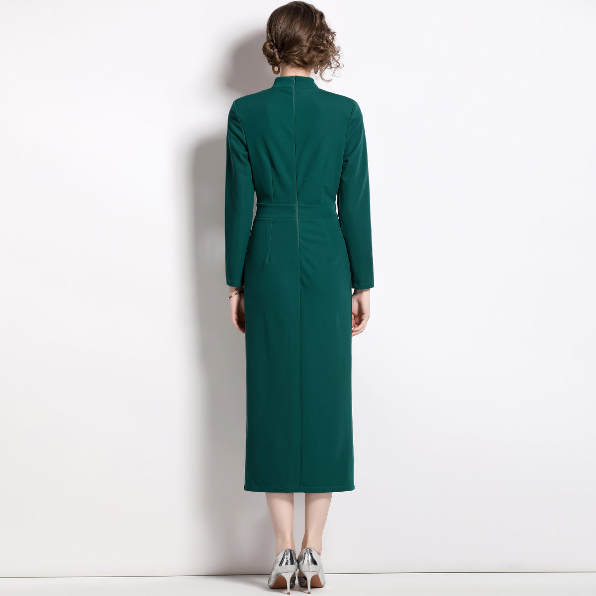 CM-DY060155 Women Elegant European Style Split Bow Round Neck Pinched Waist Long Sleeve Midi Dress - Green