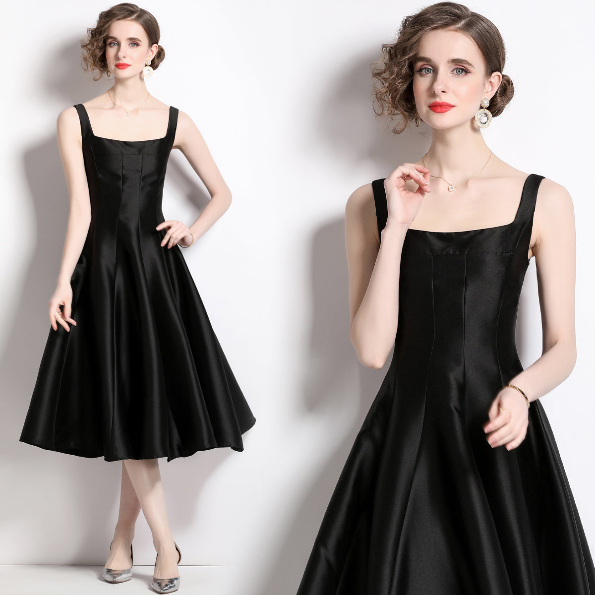 CM-DY060329 Women Elegant European Style Pinched Waist Sling Slim Dress - Black