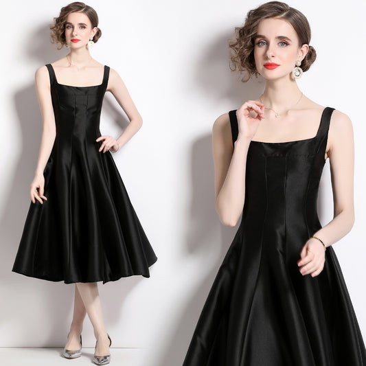 CM-DY060329 Women Elegant European Style Pinched Waist Sling Slim Dress - Black
