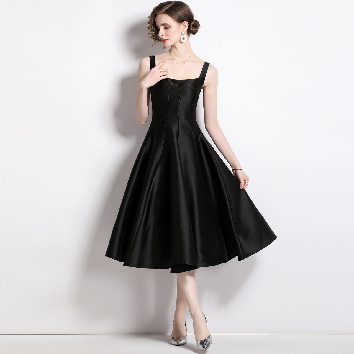 CM-DY060329 Women Elegant European Style Pinched Waist Sling Slim Dress - Black