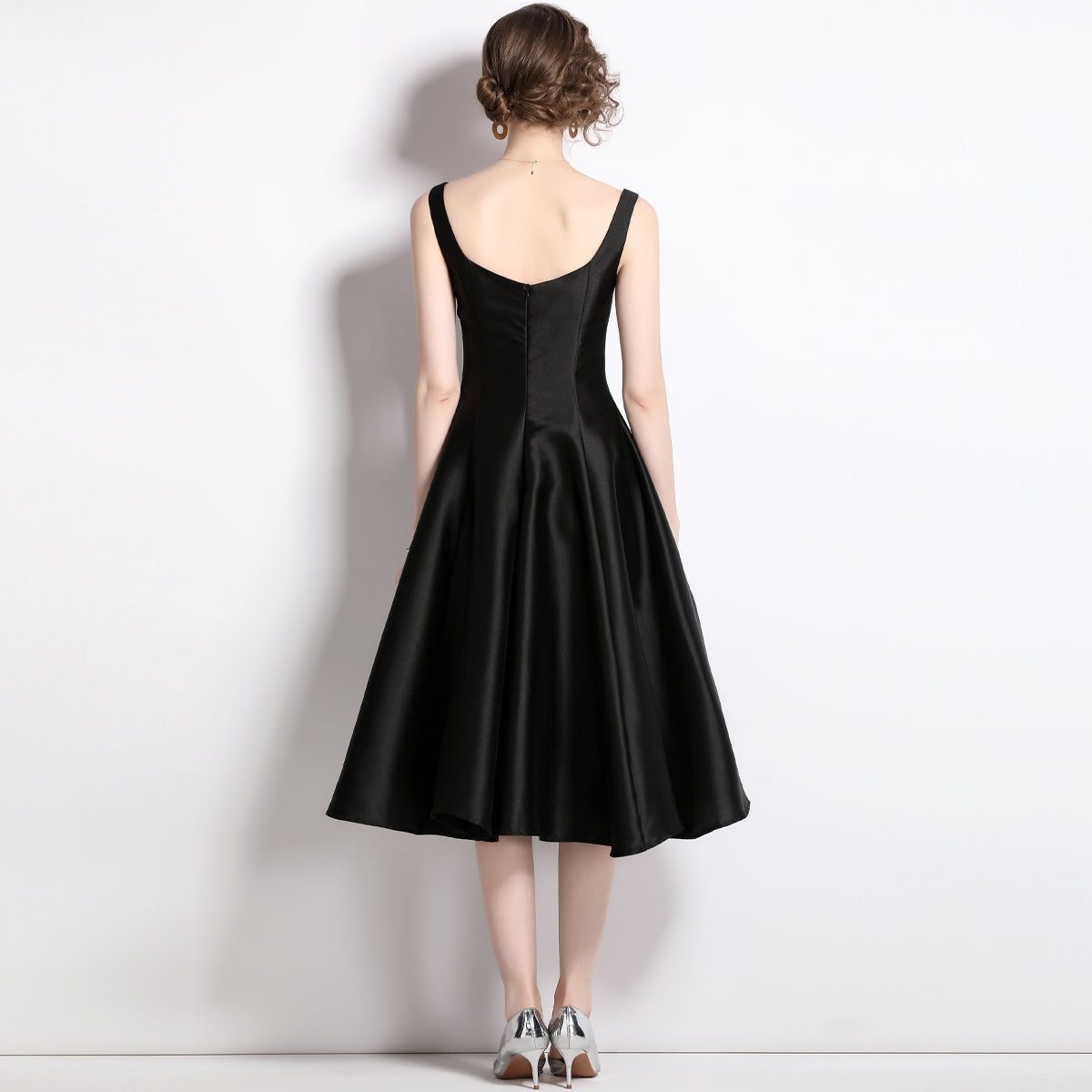 CM-DY060329 Women Elegant European Style Pinched Waist Sling Slim Dress - Black