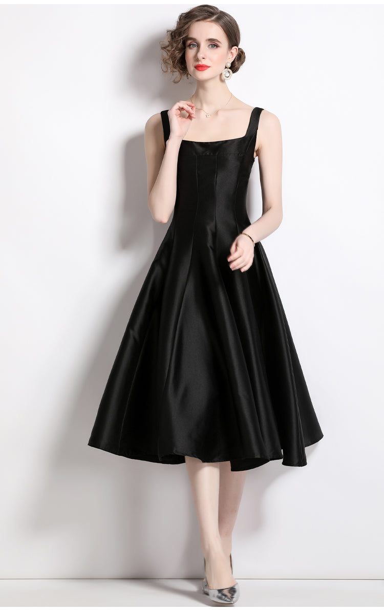 CM-DY060329 Women Elegant European Style Pinched Waist Sling Slim Dress - Black
