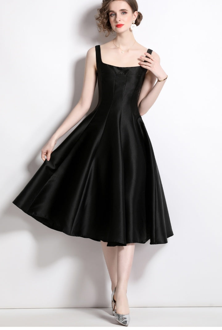 CM-DY060329 Women Elegant European Style Pinched Waist Sling Slim Dress - Black