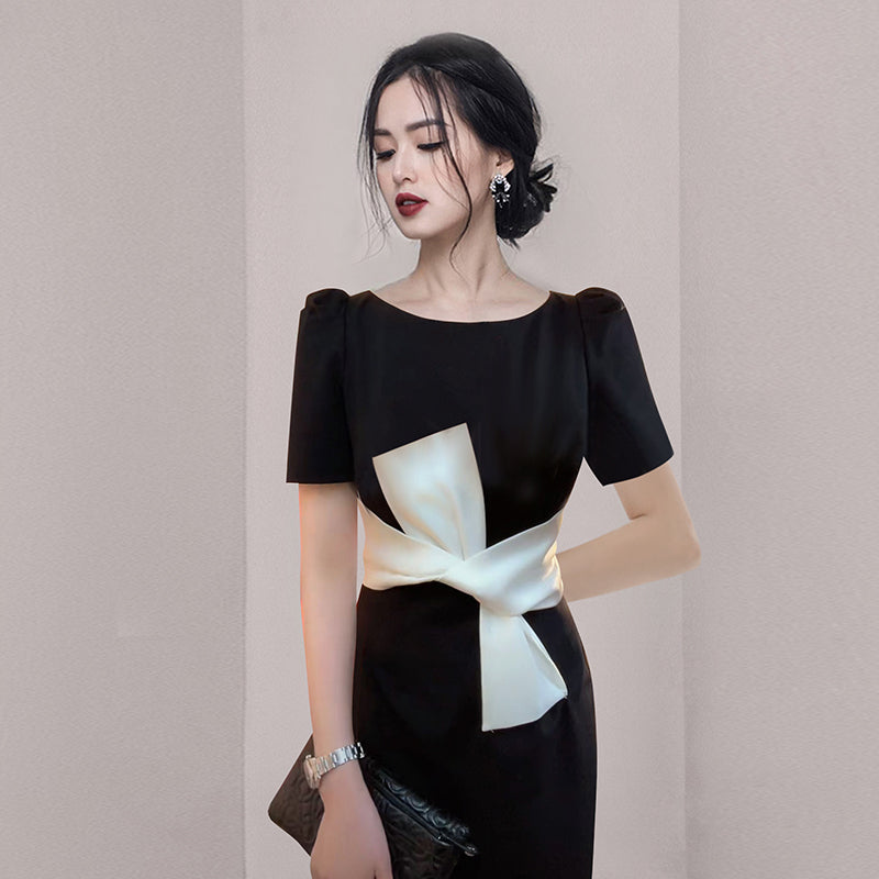 CM-DY060849 Women Elegant European Style Round Neck Short Sleeve Slim Dress