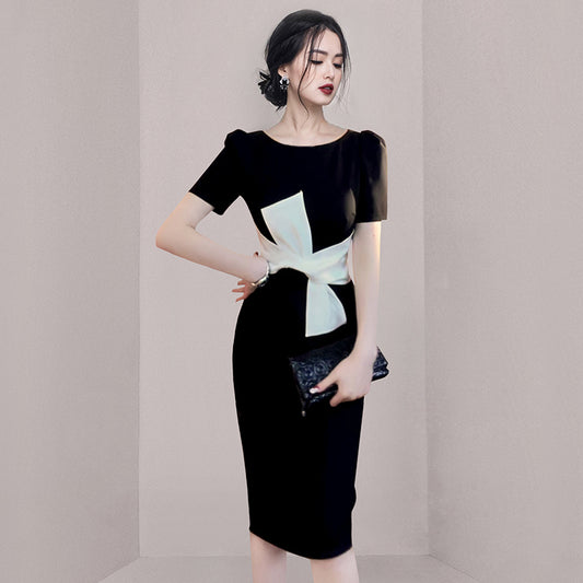 CM-DY060849 Women Elegant European Style Round Neck Short Sleeve Slim Dress