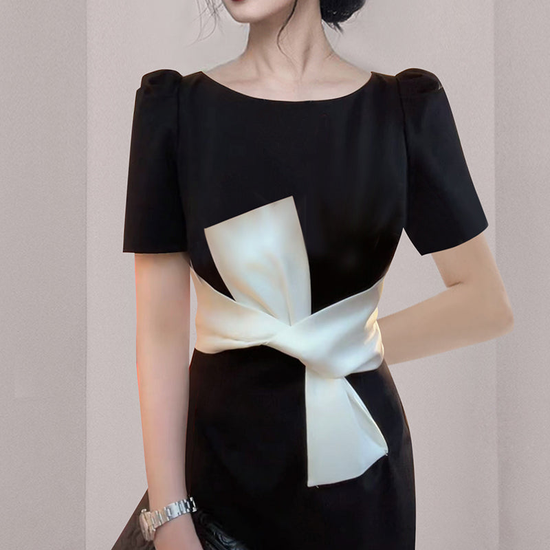 CM-DY060849 Women Elegant European Style Round Neck Short Sleeve Slim Dress