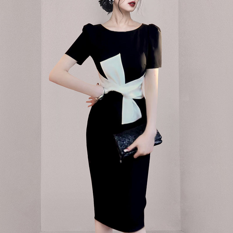 CM-DY060849 Women Elegant European Style Round Neck Short Sleeve Slim Dress