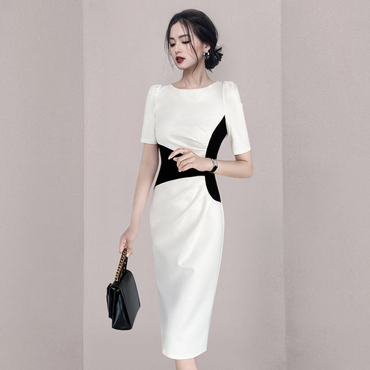 CM-DY060851 Women Casual European Style Round Neck Short Sleeve Slim Midi Dress - White