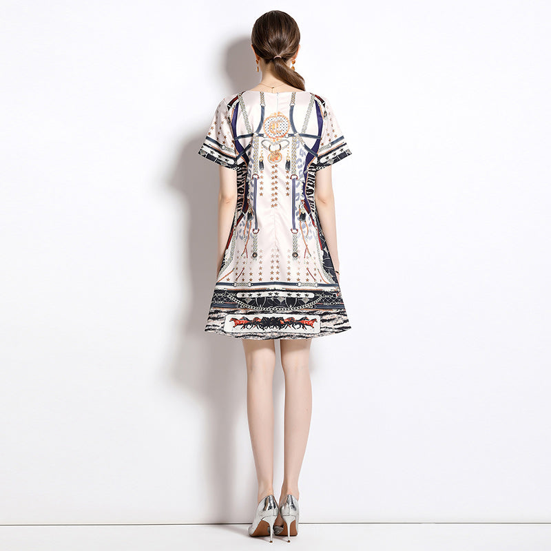 CM-DY061026 Women Elegant European Style All-Over Print Round Neck Short Sleeve Mini Dress