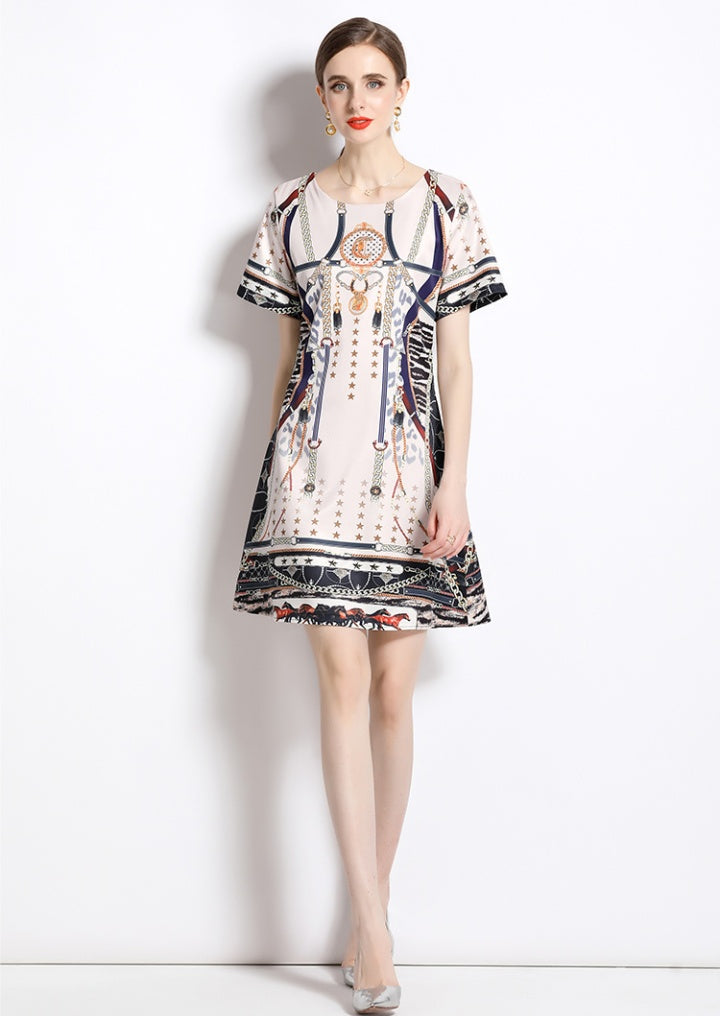 CM-DY061026 Women Elegant European Style All-Over Print Round Neck Short Sleeve Mini Dress