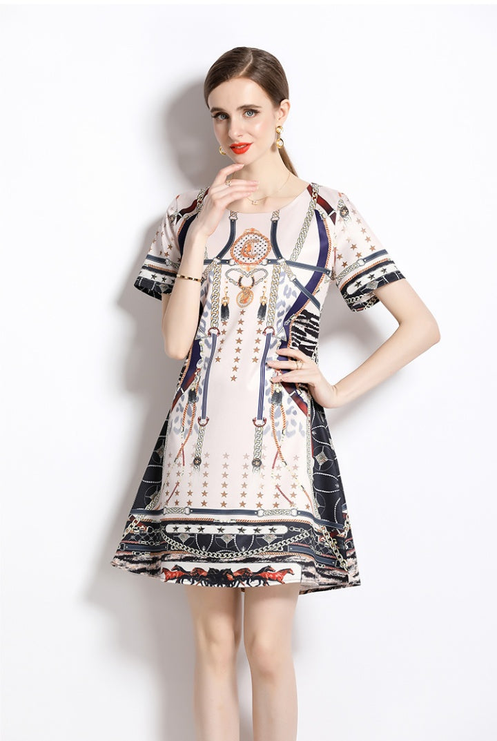 CM-DY061026 Women Elegant European Style All-Over Print Round Neck Short Sleeve Mini Dress