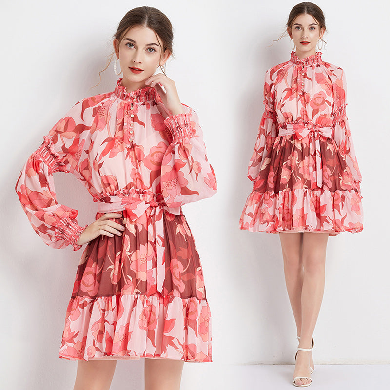 CM-DY061552 Women Elegant European Style Floral Print Stand Collar Long Sleeve Mini Dress