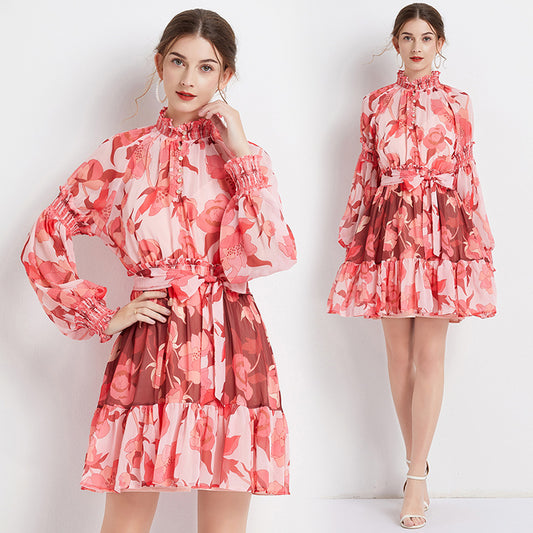 CM-DY061552 Women Elegant European Style Floral Print Stand Collar Long Sleeve Mini Dress