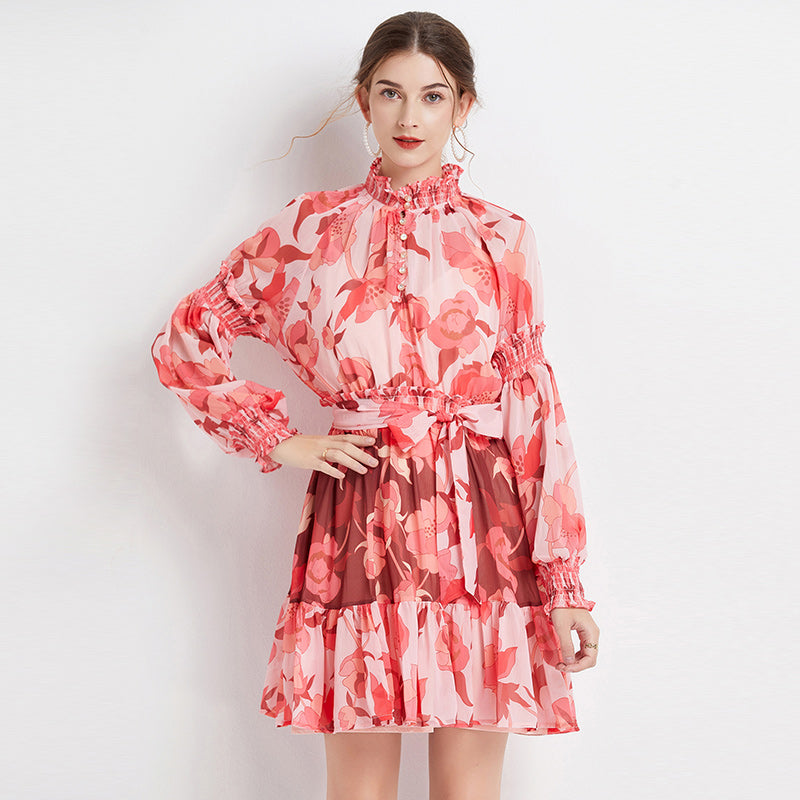 CM-DY061552 Women Elegant European Style Floral Print Stand Collar Long Sleeve Mini Dress