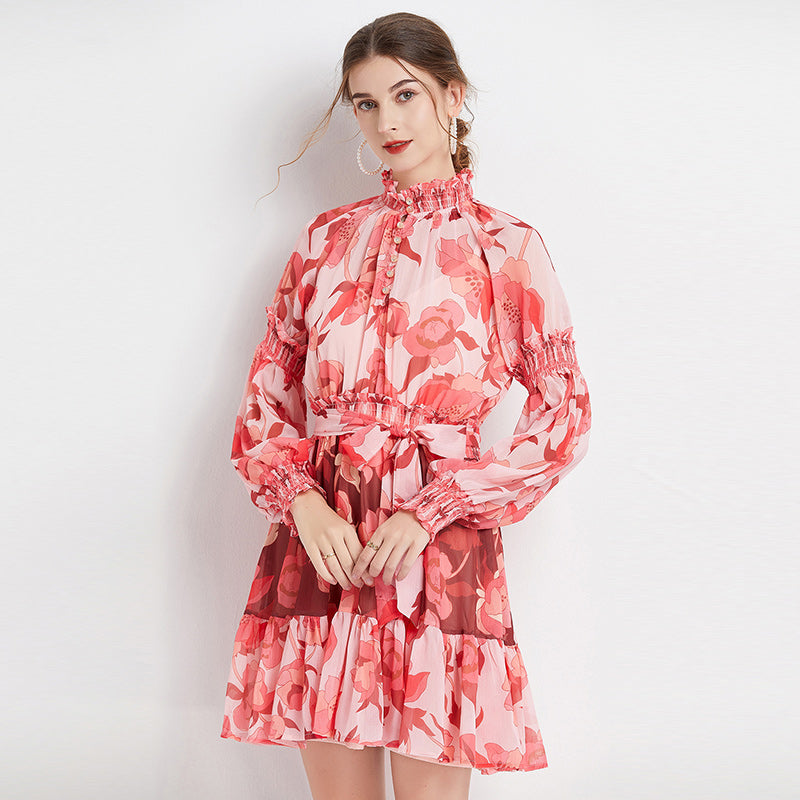 CM-DY061552 Women Elegant European Style Floral Print Stand Collar Long Sleeve Mini Dress