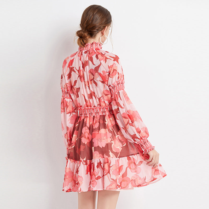 CM-DY061552 Women Elegant European Style Floral Print Stand Collar Long Sleeve Mini Dress