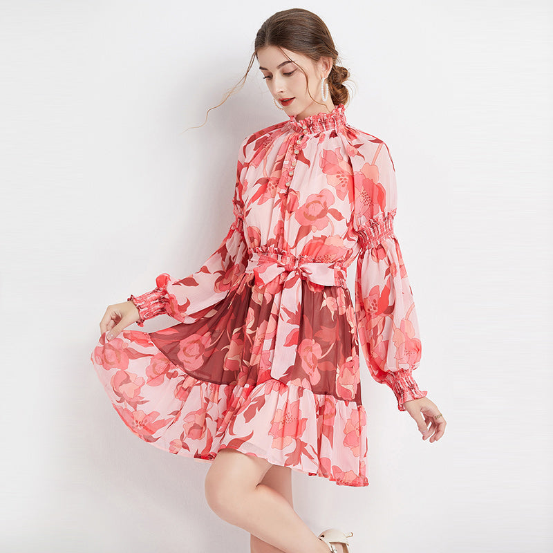CM-DY061552 Women Elegant European Style Floral Print Stand Collar Long Sleeve Mini Dress