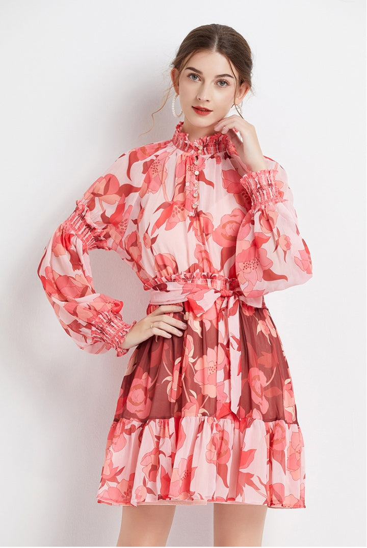 CM-DY061552 Women Elegant European Style Floral Print Stand Collar Long Sleeve Mini Dress