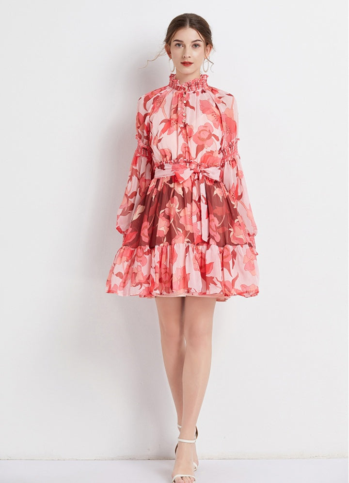 CM-DY061552 Women Elegant European Style Floral Print Stand Collar Long Sleeve Mini Dress