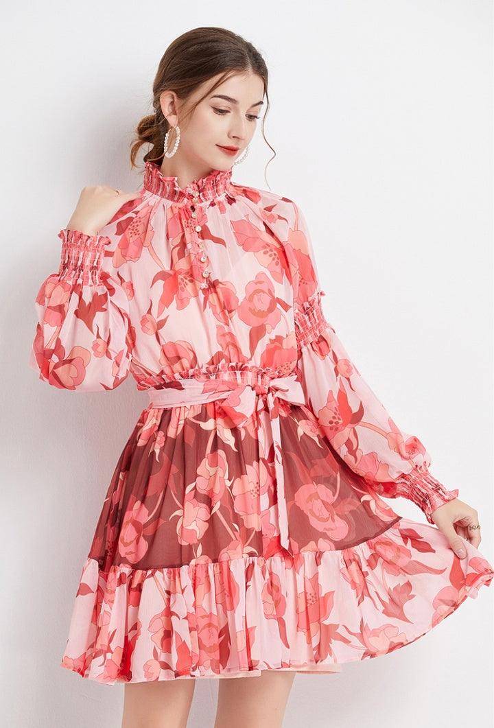 CM-DY061552 Women Elegant European Style Floral Print Stand Collar Long Sleeve Mini Dress