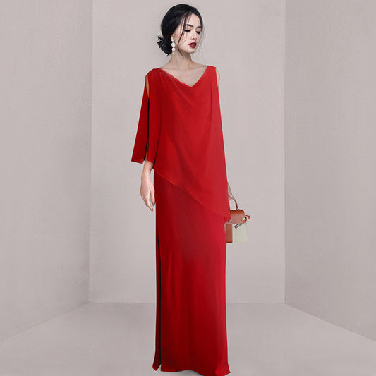 CM-DY061998 Women Elegant European Style Pinched Waist Temperament Long Dress - Red