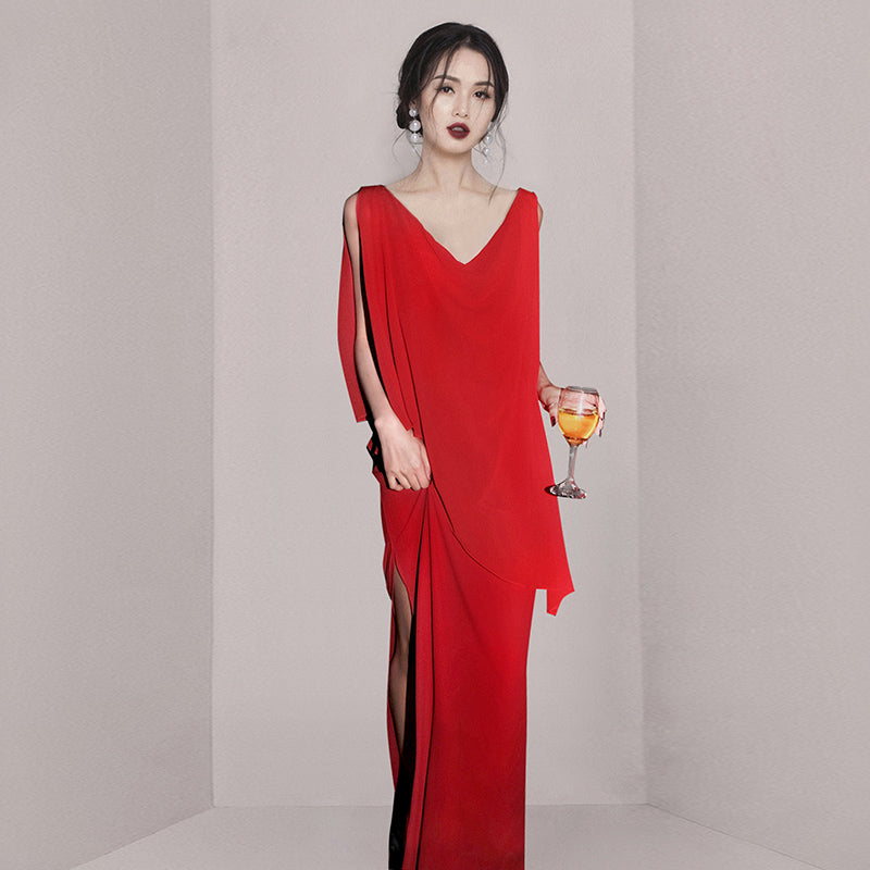CM-DY061998 Women Elegant European Style Pinched Waist Temperament Long Dress - Red