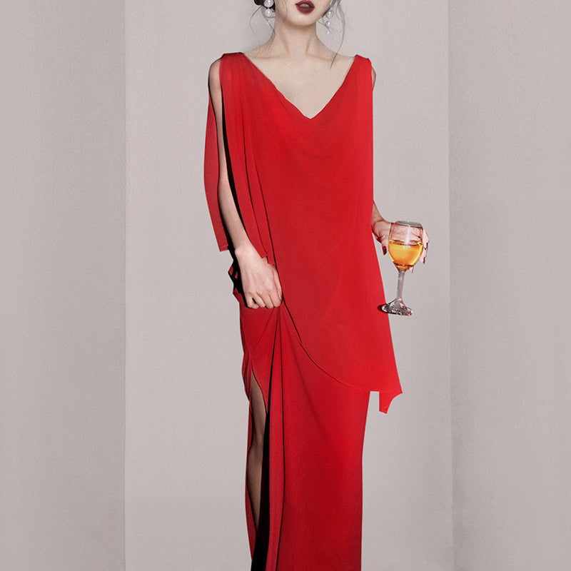 CM-DY061998 Women Elegant European Style Pinched Waist Temperament Long Dress - Red