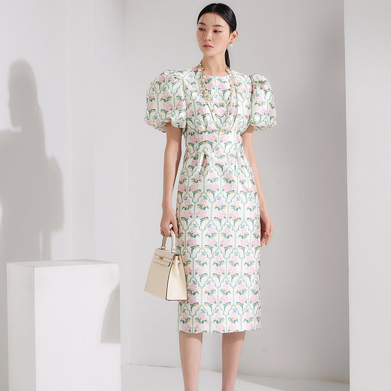CM-DY062562 Women Elegant Seoul Style Round Neck Puff Sleeve Floral Print Slim Dress