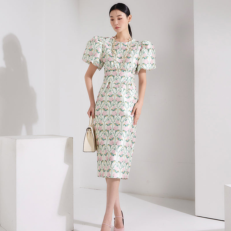 CM-DY062562 Women Elegant Seoul Style Round Neck Puff Sleeve Floral Print Slim Dress