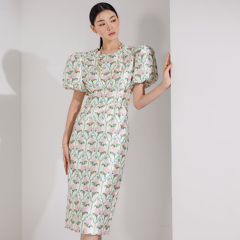 CM-DY062562 Women Elegant Seoul Style Round Neck Puff Sleeve Floral Print Slim Dress