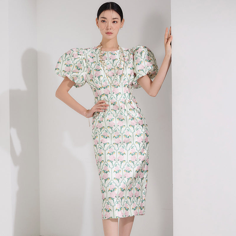 CM-DY062562 Women Elegant Seoul Style Round Neck Puff Sleeve Floral Print Slim Dress