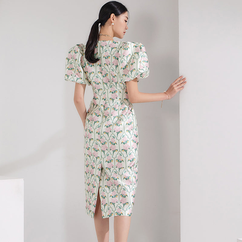 CM-DY062562 Women Elegant Seoul Style Round Neck Puff Sleeve Floral Print Slim Dress