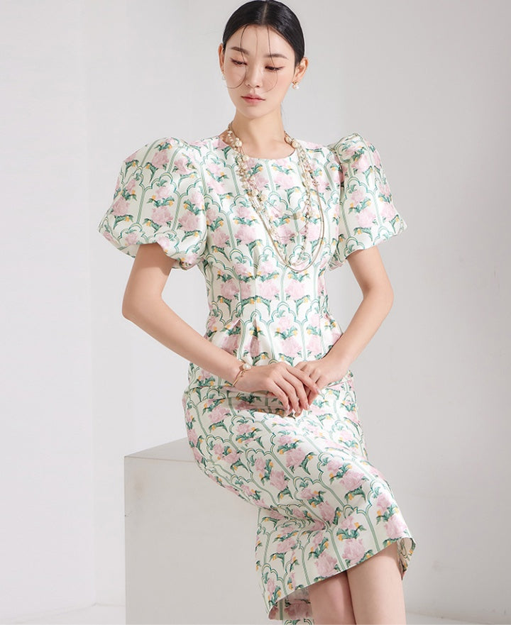 CM-DY062562 Women Elegant Seoul Style Round Neck Puff Sleeve Floral Print Slim Dress