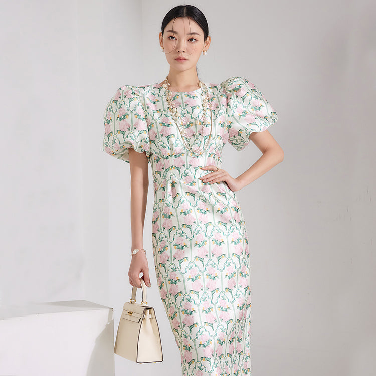 CM-DY062562 Women Elegant Seoul Style Round Neck Puff Sleeve Floral Print Slim Dress