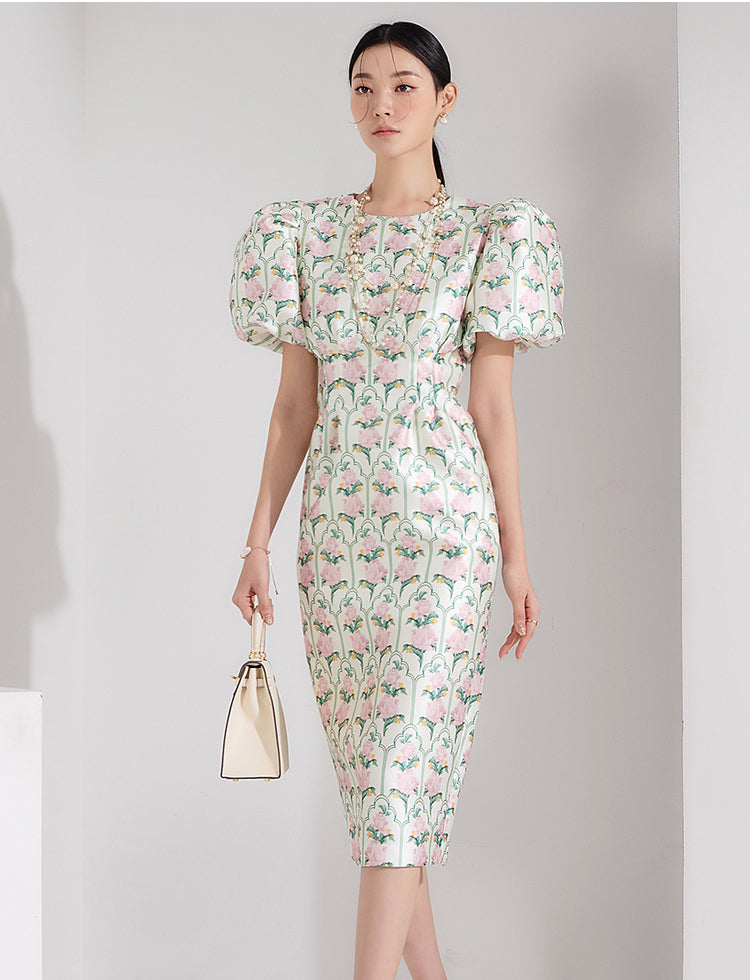 CM-DY062562 Women Elegant Seoul Style Round Neck Puff Sleeve Floral Print Slim Dress