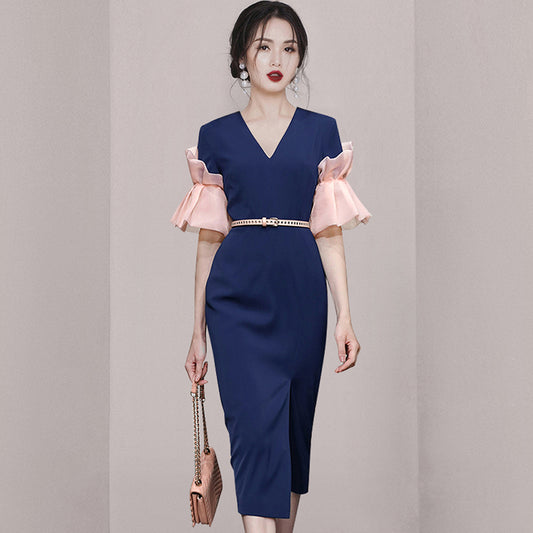 CM-DY063118 Women Elegant European Style V-Neck Petal Half Sleeve Midi Dress