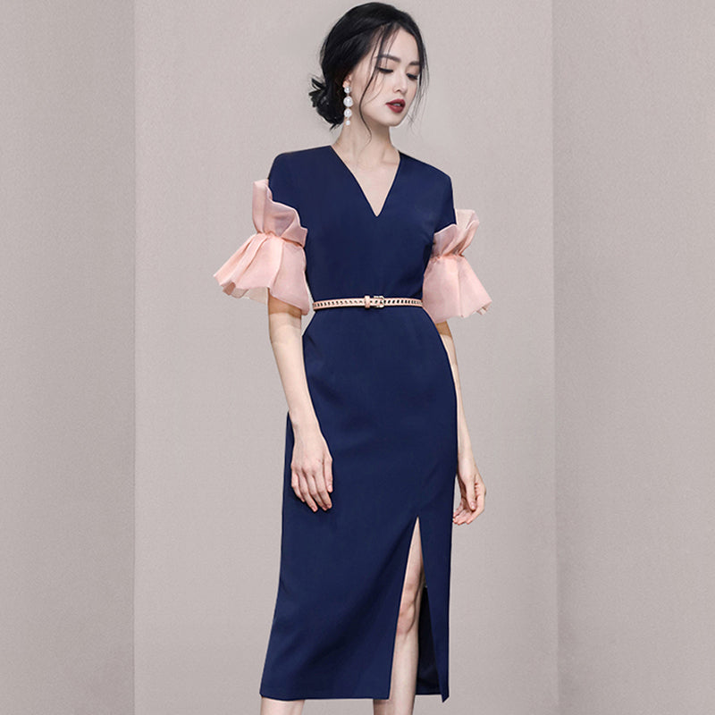 CM-DY063118 Women Elegant European Style V-Neck Petal Half Sleeve Midi Dress