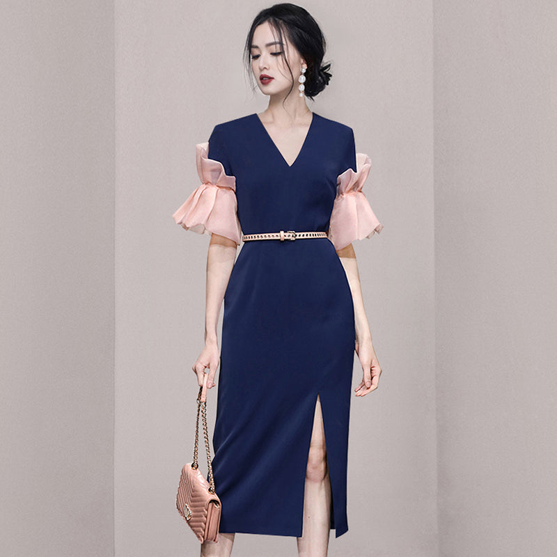 CM-DY063118 Women Elegant European Style V-Neck Petal Half Sleeve Midi Dress