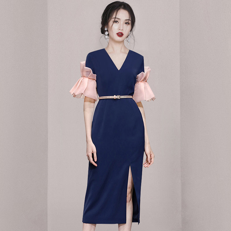 CM-DY063118 Women Elegant European Style V-Neck Petal Half Sleeve Midi Dress