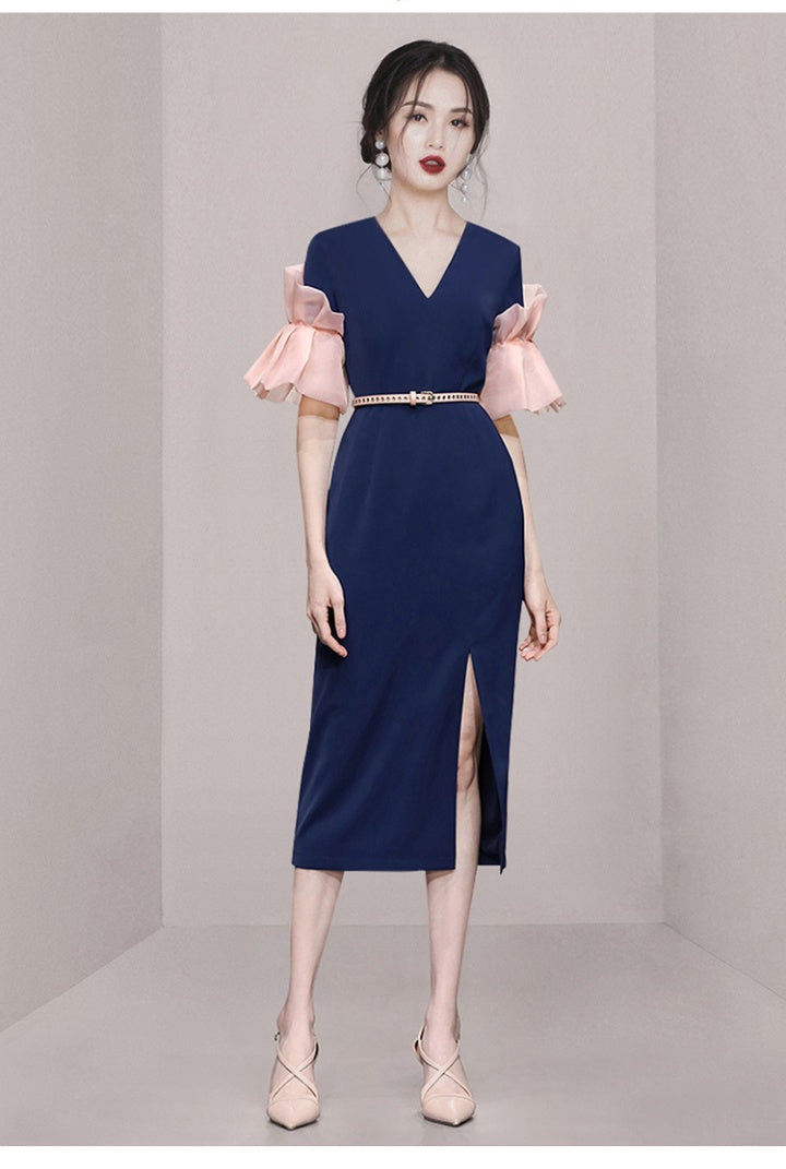 CM-DY063118 Women Elegant European Style V-Neck Petal Half Sleeve Midi Dress