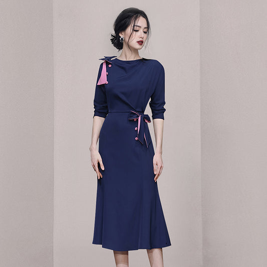 CM-DY063480 Women Elegant European Style Round Neck 3/4 Sleeve Mermaid Dress - Navy Blue