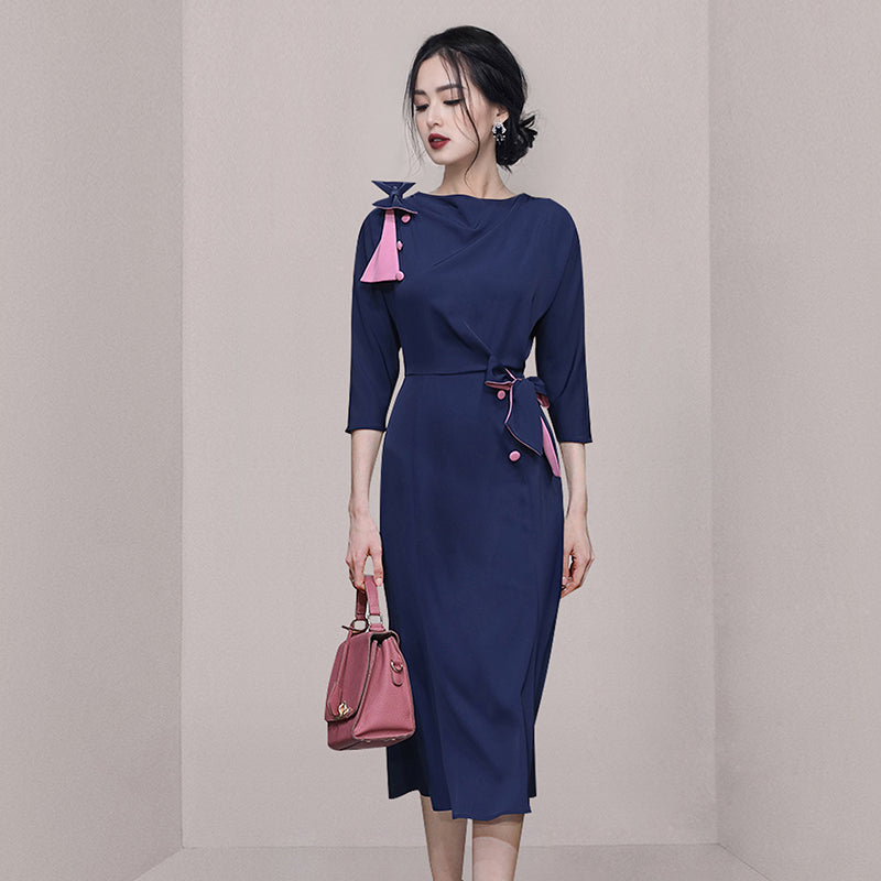 CM-DY063480 Women Elegant European Style Round Neck 3/4 Sleeve Mermaid Dress - Navy Blue