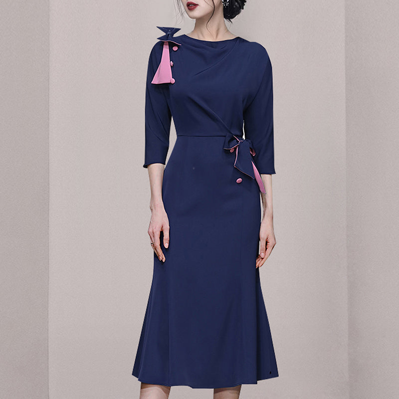 CM-DY063480 Women Elegant European Style Round Neck 3/4 Sleeve Mermaid Dress - Navy Blue