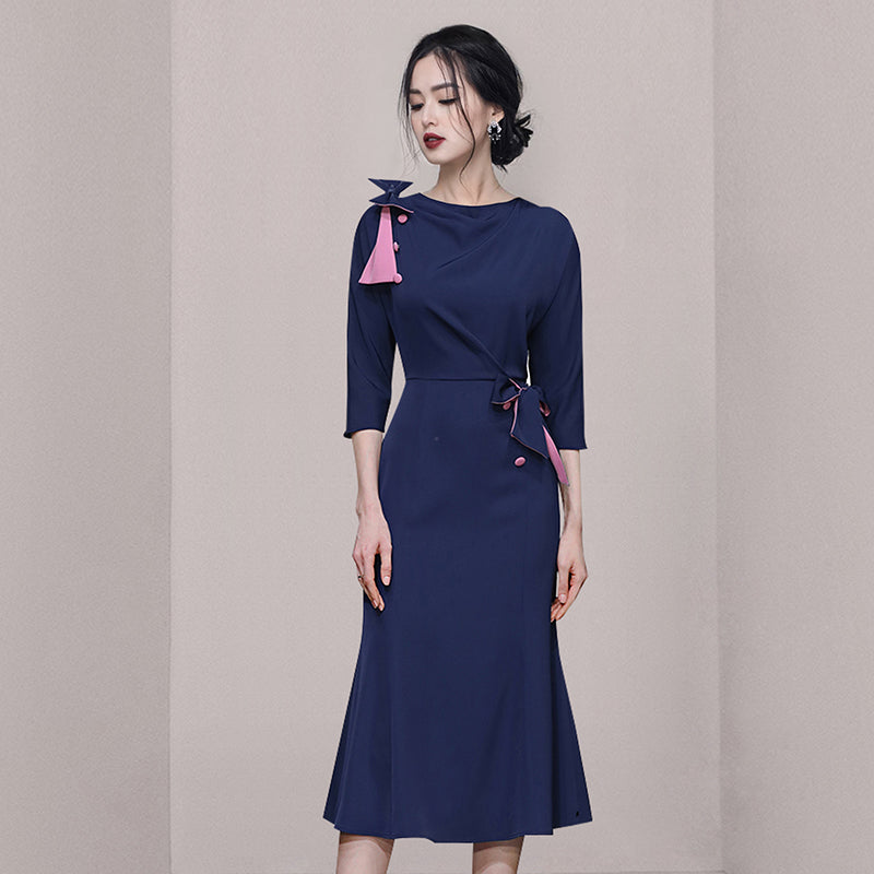 CM-DY063480 Women Elegant European Style Round Neck 3/4 Sleeve Mermaid Dress - Navy Blue