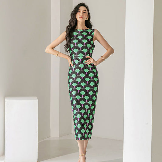 CM-DY065641 Women Elegant Seoul Style Round Neck Sleeveless Slim Midi Dress
