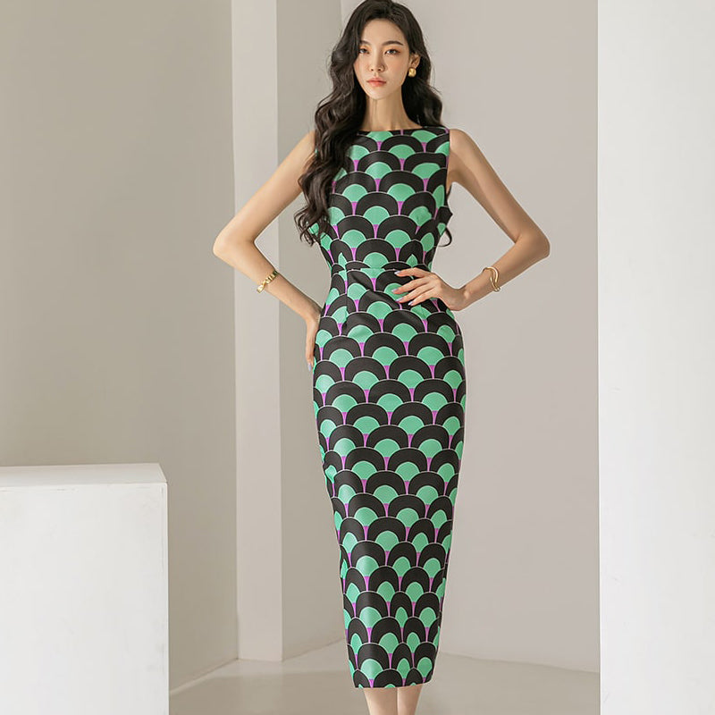CM-DY065641 Women Elegant Seoul Style Round Neck Sleeveless Slim Midi Dress