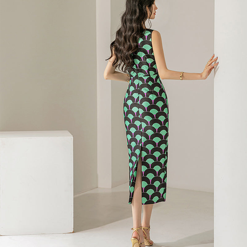 CM-DY065641 Women Elegant Seoul Style Round Neck Sleeveless Slim Midi Dress
