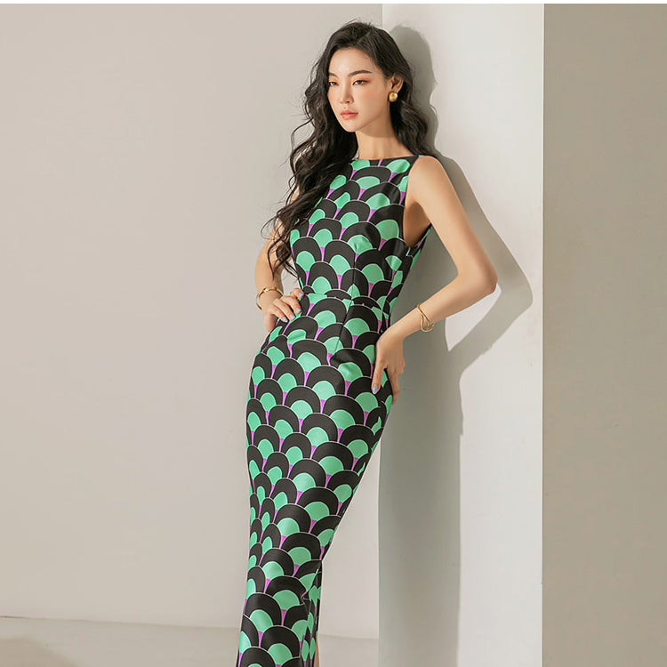 CM-DY065641 Women Elegant Seoul Style Round Neck Sleeveless Slim Midi Dress