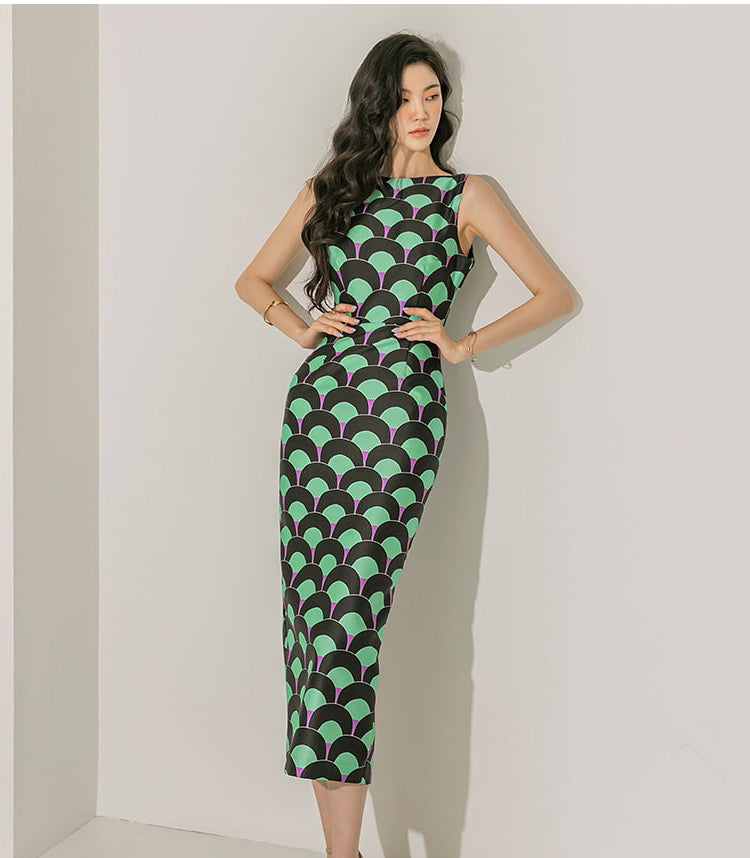 CM-DY065641 Women Elegant Seoul Style Round Neck Sleeveless Slim Midi Dress