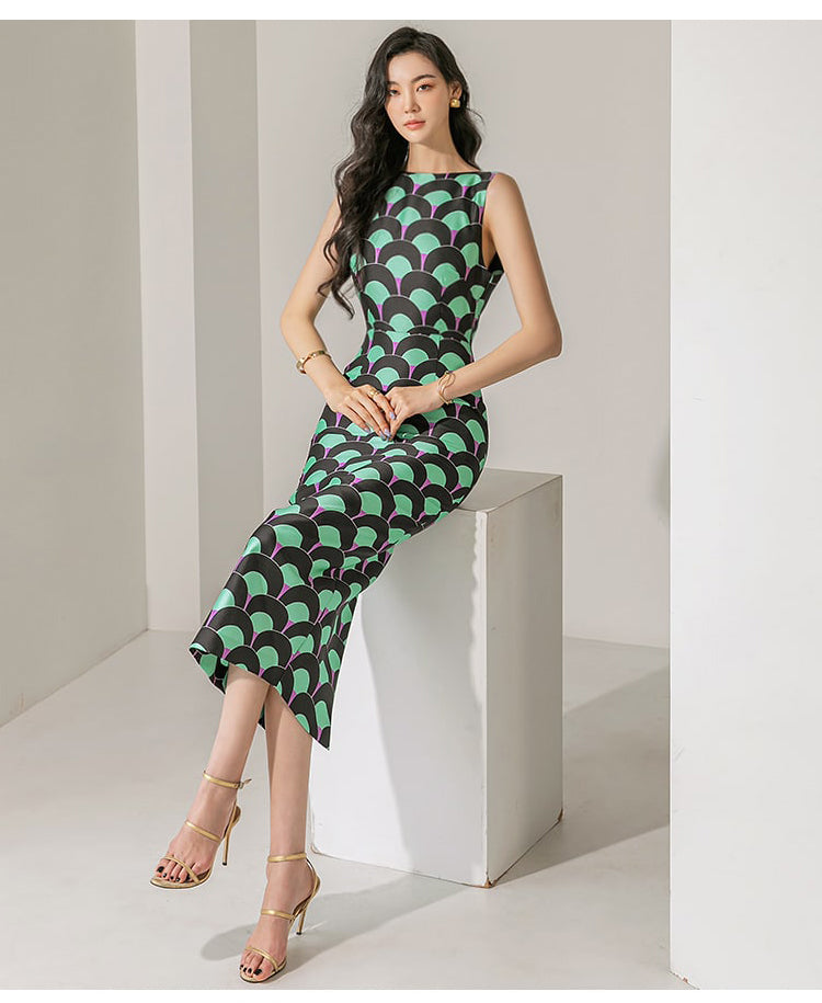 CM-DY065641 Women Elegant Seoul Style Round Neck Sleeveless Slim Midi Dress